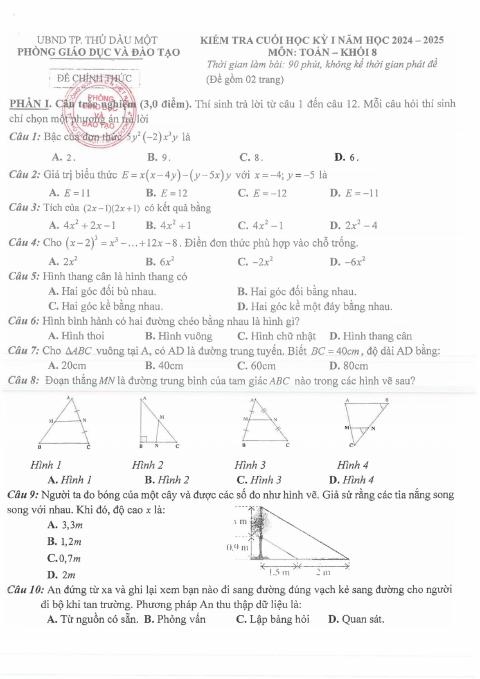 Đề thi Học kì 1 Toán 8 năm 2024-2025 Phòng GD&ĐT Thủ Dầu Một (Bình Dương)